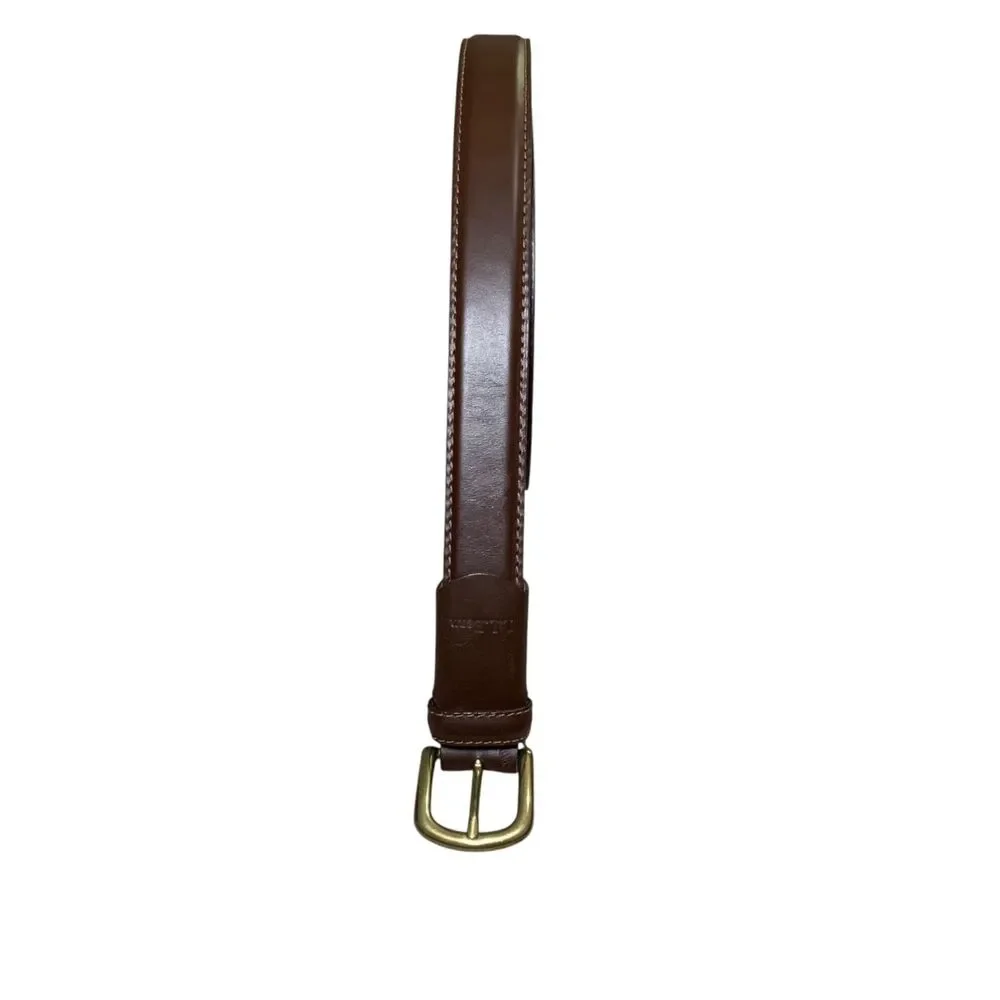 LL Bean Mens Brown Leather Belt 38 Made in USA Brass Belt Buckle Preppy Casual